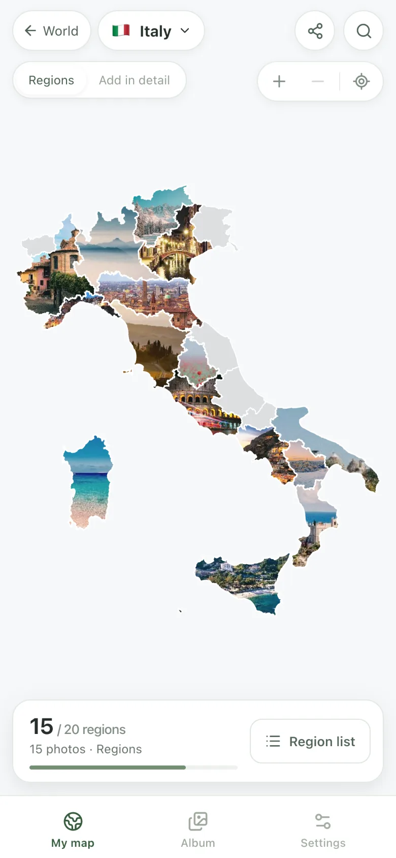 The app's map of Italy, fifteen regions filled with photos