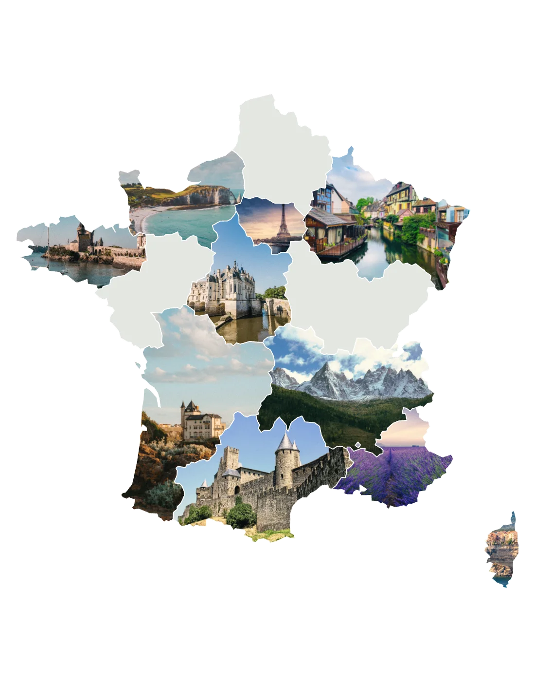 The same ten regions, each filled with a photo taken there: Paris, Provence, Normandy, Brittany and more