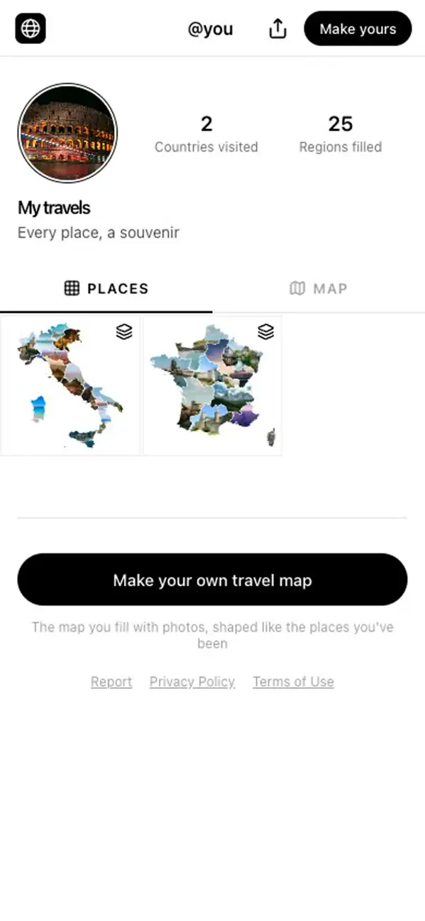 A friend opening the profile, a country and its photos